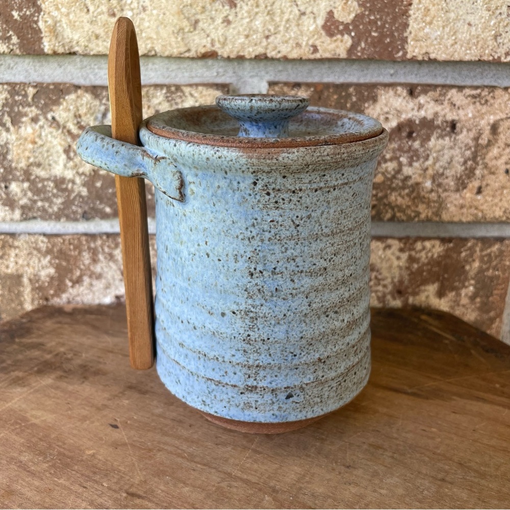 Artisan Pottery Condiment Dish Sugar Signed Lid & Hoan Spoon Blue